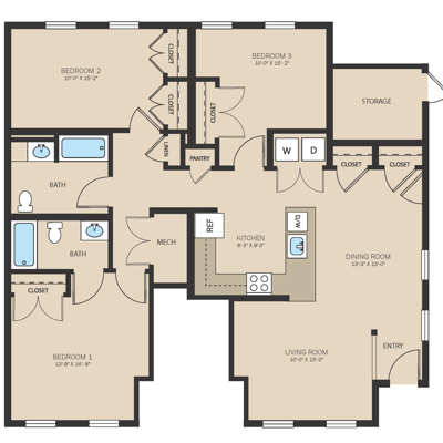 Unit D - 3 Bed, 2 Bath