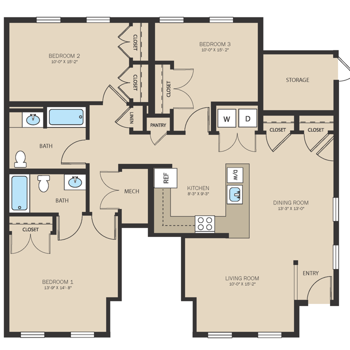 Unit D - 3 Bed, 2 Bath